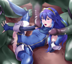 Rule 34 | 1girl, 2017, blue eyes, blue hair, blush, boots, breasts, censored, clothed sex, fingerless gloves, fire emblem, fire emblem awakening, gloves, group sex, hair between eyes, highres, long hair, lucina (fire emblem), medium breasts, monster boy, mosaic censoring, multiple boys, nintendo, penis, rape, sex, shiny skin, sidelocks, spread legs, surrounded by penises, thigh boots, thighhighs, thor (deep rising), tiara, torn clothes, vaginal