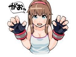 Rule 34 | 1girl, bare shoulders, blue eyes, blush, breasts, brown hair, claw pose, cleavage, dead or alive, fingerless gloves, gloves, hairband, hitomi (doa), long hair, open mouth, puuyan, sidelocks, simple background, solo, tank top, white background