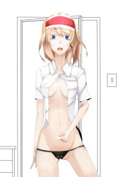 Rule 34 | 1girl, alice margatroid, bad anatomy, bad hands, blonde hair, blue eyes, breasts, female focus, hairband, open clothes, open shirt, panties, partially colored, pinching, poorly drawn, shirt, short hair, solo, touhou, underwear