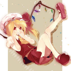Rule 34 | 1girl, ascot, bad id, bad pixiv id, blonde hair, female focus, flandre scarlet, hands on own face, hat, hyakuhachi (over3), long hair, mary janes, no socks, open mouth, red eyes, shoes, side ponytail, skirt, skirt set, smile, solo, embodiment of scarlet devil, touhou