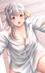 Rule 34 | 1girl, bandaged head, bandages, blush, breasts, cleavage, collarbone, collared shirt, doll, dress shirt, goddess of victory: nikke, grey hair, hair between eyes, hair ribbon, highres, large breasts, long hair, masatoshi 1219, modernia (first affection) (nikke), modernia (nikke), no bra, off shoulder, official alternate costume, open mouth, red eyes, ribbon, shirt, single hair intake, smile, solo, white shirt, wing collar, yellow ribbon