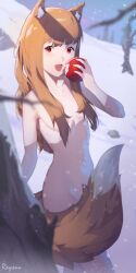 Rule 34 | 1girl, absurdres, animal ears, apple, breasts, brown hair, completely nude, eating, fang, food, food bite, fruit, hair censor, highres, holding, holding food, holding fruit, holo, long hair, looking at viewer, navel, nude, outdoors, red apple, red eyes, reysuu, signature, small breasts, snow, solo, spice and wolf, standing, tail, tail censor, winter, wolf ears, wolf girl, wolf tail