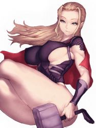 Rule 34 | 1girl, animification, armband, blonde hair, breasts, cape, commentary request, covered erect nipples, fumio (rsqkr), genderswap, genderswap (mtf), green eyes, hammer, large breasts, light smile, long hair, looking at viewer, marvel, mjolnir (marvel), sideboob, simple background, smile, solo, thick thighs, thighs, thor (marvel), white background