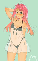 Rule 34 | 1girl, arm behind head, armpits, bikini, black bikini, blush, breasts, cat, cleavage, covered navel, cowlick, cropped legs, dress, green eyes, looking at viewer, macross, macross 7, mylene jenius, off-shoulder dress, off shoulder, parted lips, pink hair, pointy ears, sasanoneko, see-through, see-through dress, small breasts, solo, spaghetti strap, standing, swimsuit