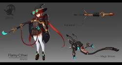 Rule 34 | 1girl, backpack, bag, belt, black cape, black footwear, black gloves, black hat, blue pupils, blunt bangs, bright pupils, broom, broom riding, brown dress, cape, character name, clenched hands, closed mouth, concept art, dress, elbow gloves, english text, flamethrower, gloves, gradient background, grey background, hat, high heels, highres, holding, letterboxed, logo, long hair, looking at viewer, original, red eyes, red hair, short dress, skindentation, smile, solo, standing, steampunk, thighhighs, twintails, very long hair, wand, waterkuma, weapon, white thighhighs, witch hat
