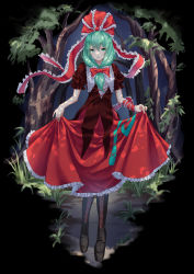 Rule 34 | 1girl, :d, absurdres, boots, bush, clothes lift, curtsey, dress, dress lift, forest, front ponytail, grass, green eyes, green hair, hair ribbon, hayaten, highres, kagiyama hina, lifting own clothes, long hair, looking at viewer, nature, open mouth, plant, ribbon, skirt, skirt hold, skirt lift, smile, solo, touhou, tree