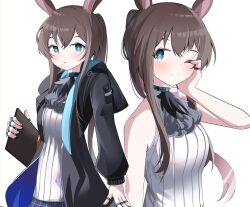 Rule 34 | 1girl, ;), absurdres, amiya (arknights), animal ears, arknights, bare arms, bare shoulders, black jacket, black skirt, blue eyes, blush, breasts, brown hair, closed mouth, hand on own face, hand up, highres, holding, hood, hood down, hooded jacket, jacket, jewelry, long hair, long sleeves, looking at viewer, multiple views, one eye closed, open clothes, open jacket, parted lips, ponytail, puffy long sleeves, puffy sleeves, rabbit ears, ring, shirt, simple background, skirt, sleeveless, sleeveless shirt, small breasts, smile, spam (spamham4506), very long hair, white background, white shirt