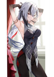 Rule 34 | 1girl, absurdres, arlecchino (genshin impact), armpits, black bodysuit, black eyes, black hair, black hands, bodysuit, breasts, colored extremities, commentary request, curtains, genshin impact, grey bodysuit, grey hair, hair between eyes, hair tie in mouth, highres, indoors, large breasts, long hair, looking at viewer, low ponytail, mouth hold, multicolored hair, pi tayuko, red hair, red pupils, solo, streaked hair, symbol-shaped pupils, two-tone bodysuit, tying hair, window, x-shaped pupils