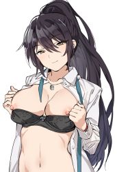 Rule 34 | 1girl, bad id, bad pixiv id, black bra, black hair, blue necktie, bra, bra pull, closed mouth, clothes pull, collarbone, collared shirt, hair between eyes, harutoyo, head tilt, high ponytail, idolmaster, idolmaster shiny colors, jewelry, long hair, long sleeves, looking back, navel, necklace, necktie, nipple slip, nipples, pendant, ponytail, pulled by self, school uniform, shirase sakuya, shirt, simple background, smile, solo, stomach, underwear, undone necktie, upper body, white background, white shirt, wing collar