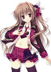 Rule 34 | 1girl, :d, aomi maika, bow, breasts, brown eyes, brown hair, crown, feathers, hair bow, highres, karory, long hair, navel, necktie, no bra, open clothes, open mouth, open shirt, original, plaid, plaid necktie, plaid neckwear, plaid skirt, purple skirt, purple thighhighs, school uniform, shirt, side ponytail, skirt, smile, solo, thighhighs, white background, zettai ryouiki