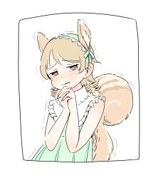 Rule 34 | absurdres, animal ears, blonde hair, blush, border, brown eyes, capelet, dress, frilled capelet, frills, furrowed brow, green dress, half-closed eyes, high collar, highres, idolmaster, idolmaster cinderella girls, iwashi iwashimo, kemonomimi mode, looking at viewer, medium hair, morikubo nono, no pupils, own hands clasped, own hands together, parted lips, ringlets, scared, simple background, sleeveless, sleeveless dress, squirrel ears, squirrel tail, tail, tearing up, trembling, white background, white border