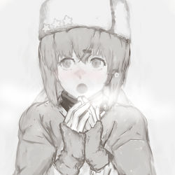 Rule 34 | 1girl, blush, breath, crossed bangs, fingerless gloves, fur hat, gloves, greyscale, hair between eyes, hair ornament, hairclip, hat, kantai collection, long hair, monochrome, nona (goodboy), open mouth, papakha, shawl, simple background, solo, spot color, star (symbol), tashkent (kancolle), twintails, upper body
