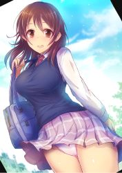 Rule 34 | 10s, 1girl, :d, arm at side, bag, blue sky, blush, breasts, brown eyes, brown hair, collared shirt, cowboy shot, day, duffel bag, eyebrows, haneda risa, idolmaster, idolmaster cinderella girls, kara (color), large breasts, long sleeves, looking at viewer, miniskirt, necktie, open mouth, outdoors, over shoulder, panties, pink panties, pink skirt, pleated skirt, red necktie, school bag, shiny skin, shirt, skirt, sky, smile, solo, standing, sweater vest, tareme, underwear, upskirt, white shirt, wind, wind lift, wing collar