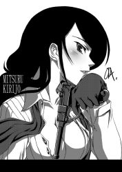 Rule 34 | 1girl, atlus, breasts, cleavage, gloves, greyscale, gun, handgun, kirijou mitsuru, large breasts, letterboxed, looking at viewer, luger p08, monochrome, oda (orz), open clothes, open shirt, persona, persona 3, shirt, smile, solo, weapon