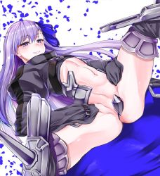 Rule 34 | 10s, 1girl, ao (time-leap), armor, armored boots, ass, blue eyes, blue ribbon, blush, boots, crotch plate, fate/extra, fate/extra ccc, fate (series), hair ribbon, long hair, looking at viewer, maebari, meltryllis (fate), naughty face, navel, petals, purple hair, revealing clothes, ribbon, smile, solo, spread legs, thighhighs, very long hair