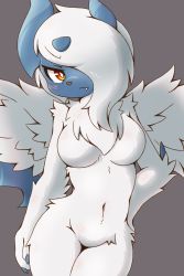 Rule 34 | 1girl, absol, acky, animal nose, asymmetrical horns, body fur, breasts, claws, cowboy shot, creatures (company), fang, furry, furry female, game freak, gen 3 pokemon, highres, horns, long hair, looking at viewer, medium breasts, mega absol, mega pokemon, navel, nintendo, one eye covered, pokemon, pokemon (creature), simple background, solo, standing, tail, uneven horns, white fur, white hair, wings