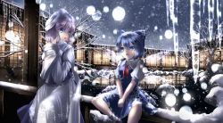 Rule 34 | 2girls, architecture, bare tree, blue eyes, blue hair, bow, cirno, cloud, cloudy sky, dress, east asian architecture, hair bow, hat, icicle, letty whiterock, light purple hair, long sleeves, looking at another, looking at viewer, multiple girls, night, open mouth, outdoors, pengin (takeoff425), pond, puffy short sleeves, puffy sleeves, railing, ribbon, rock, short hair, short sleeves, sitting, sky, snowflake print, snowing, touhou, tree, vest, wings