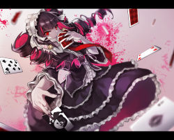 Rule 34 | 10s, 1girl, bad id, bad pixiv id, bonnet, card, celestia ludenberg, claw ring, covering own mouth, danganronpa: trigger happy havoc, danganronpa (series), dress, drill hair, fingernails, gothic lolita, letterboxed, lolita fashion, long hair, nail polish, playing card, red eyes, solo, soul4444, twin drills