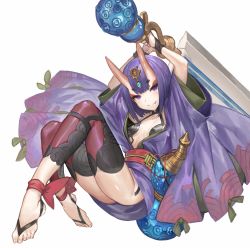 Rule 34 | 1girl, absurdres, akizone, ankle ribbon, arms up, ass, barefoot, blunt bangs, bob cut, bottle, commentary, eyelashes, fang, fate/grand order, fate (series), feet, full body, gem, hair ornament, highres, holding, holding sword, holding weapon, horns, japanese clothes, kimono, leg ribbon, looking at viewer, midair, obi, oni, purple eyes, purple hair, revealing clothes, ribbon, sash, short hair, shuten douji (fate), simple background, skin-covered horns, smile, solo, sword, thighs, weapon, white background, wide sleeves