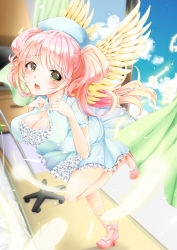 Rule 34 | 1girl, angel, angel wings, bad id, bad pixiv id, blush, breasts, cleavage, dress, frilled dress, frills, green eyes, hat, himawarino-tane, large breasts, looking at viewer, moe2016, nurse, nurse cap, open mouth, open window, original, pink hair, solo, twintails, window, wings