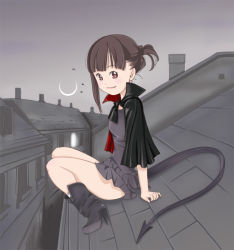 Rule 34 | 1girl, arm support, bat (animal), boots, brown hair, cape, crescent moon, earrings, high heel boots, high heels, jewelry, miniskirt, moon, on roof, original, pink eyes, sitting, sitting on roof, skirt, smile, solo, tail, vampire, yozora
