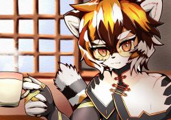 Rule 34 | 1girl, :3, animal ears, arknights, body fur, brown hair, capelet, cup, fang, fang out, furry, furry female, highres, holding, holding cup, indoors, looking at viewer, m-sakaguchi, mug, multicolored hair, orange-tinted eyewear, orange eyes, orange fur, orange hair, portrait, solo, sunglasses, tail, thick eyebrows, tiger ears, tiger girl, tiger tail, tinted eyewear, waai fu (arknights), white capelet, white fur, white hair
