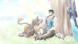 Rule 34 | 1boy, against tree, artist request, bandaged leg, bandages, bara, bare arms, beard, black hair, blue headband, blue shirt, brucie (infighter821), commission, dungeon and fighter, facial hair, headband, highres, large pectorals, male focus, male priest (dungeon and fighter), mature male, muscular, muscular male, pants, pectorals, second-party source, shirt, shoes, short hair, sitting, sleeveless, sleeveless shirt, smile, sneakers, solo, suspenders, tail, tiger tail, tree, wolf