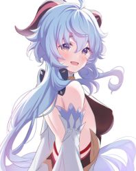 Rule 34 | 1girl, ahoge, back, backless outfit, blue hair, blush, bow, breasts, detached sleeves, from behind, ganyu (genshin impact), genshin impact, horns, ktm, long hair, looking at viewer, low ponytail, medium breasts, open mouth, purple eyes, sidelocks, simple background, smile, solo, upper body, white background, white sleeves