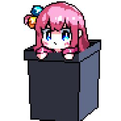 Rule 34 | &gt; &lt;, 1girl, animated, animated gif, blue eyes, blush, bocchi the rock!, chibi, closed eyes, closed mouth, cube hair ornament, downvote (downvote me), gotoh hitori, gotoh hitori (octopus), hair between eyes, hair ornament, hashtag-only commentary, in trash can, jacket, long hair, long sleeves, looking at viewer, octopus, one side up, open mouth, pink hair, pink jacket, pixel art, sidelocks, simple background, solo, track jacket, transformation, trash can, white background