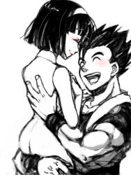 Rule 34 | 10s, 1boy, 1girl, black hair, blush, carrying, dougi, dragon ball, dragon ball super, dragonball z, dress, closed eyes, hands on another&#039;s back, happy, monochrome, open mouth, short hair, simple background, smile, son gohan, videl, white background, wristband, yochimune