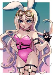 Rule 34 | 1girl, alternate costume, animal ears, arm behind back, black gloves, blonde hair, blue eyes, border, breasts, choker, cleavage, collarbone, commentary request, cowboy shot, danganronpa (series), danganronpa v3: killing harmony, esu (tasoesu), fake animal ears, fingerless gloves, gloves, goggles, goggles on head, gradient background, green background, groin, hair between eyes, highres, iruma miu, large breasts, leotard, long hair, looking at viewer, o-ring, open mouth, pink background, pink leotard, playboy bunny, rabbit ears, shiny clothes, solo, teeth, thigh strap, upper teeth only, very long hair, white border
