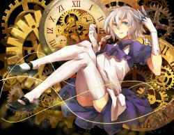 Rule 34 | 1girl, apron, ascot, between fingers, blue eyes, braid, clock, clockwork, gloves, highres, holding, holding knife, izayoi sakuya, knife, knives between fingers, legs up, looking at viewer, maid, maid apron, mary janes, puffy short sleeves, puffy sleeves, roman numeral, shoes, short hair, short sleeves, silver hair, solo, sunyuqian, thighhighs, touhou, twin braids, weapon, white gloves, white thighhighs, zettai ryouiki