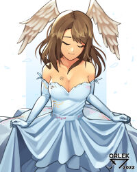 Rule 34 | absurdres, artist name, bare shoulders, blue dress, blue gloves, border, breast tattoo, breasts, brown hair, cleavage, closed eyes, closed mouth, clothes lift, commentary, dress, dress lift, elbow gloves, english commentary, eunie (xenoblade), eyelashes, gloves, head wings, highres, large breasts, lifted by self, medium hair, orlek, outside border, pillarboxed, smile, solo, tattoo, wedding dress, white border, wings, xenoblade chronicles (series), xenoblade chronicles 3