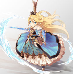 Rule 34 | 1girl, :&gt;, armor, armored dress, blonde hair, blue dress, blue eyes, blush, breastplate, charlotta (granblue fantasy), commentary request, crown, dress, frilled skirt, frills, from above, full body, furrowed brow, gauntlets, gradient background, granblue fantasy, greaves, grey background, hair between eyes, hair blowing, highres, layered dress, long hair, looking at viewer, nuqura, outstretched arm, pointy ears, shield, skirt, smile, solo, standing, sword, very long hair, water, weapon, wind