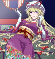 Rule 34 | 1girl, alternate costume, blonde hair, bow, breasts, commentary request, elbow gloves, floral print, gloves, hair bow, hair over shoulder, hand in own hair, hat, hat ribbon, highres, hip focus, holding, holding smoking pipe, indoors, japanese clothes, kimono, kiseru, large breasts, lips, long hair, long sleeves, looking at viewer, lying, mob cap, obi, off shoulder, on back, pink lips, purple eyes, ribbon, ribbon-trimmed headwear, ribbon trim, room, round window, sa haru, sash, smile, smoking pipe, solo, tatami, thighs, touhou, very long hair, wide sleeves, window, yakumo yukari