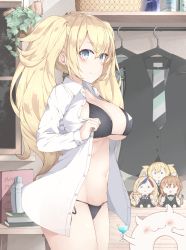 Rule 34 | 1other, 3girls, :3, absurdres, bartender, black bow, black panties, blonde hair, blue eyes, blush, book, bow, bra, breasts, brown hair, closed mouth, cocktail, cocktail glass, cocktail shaker, commandant teste (kancolle), commentary request, cup, drink, drinking glass, enemy lifebuoy (kancolle), gambier bay (kancolle), hair bow, hairband, highres, indoors, kantai collection, large breasts, long hair, long sleeves, looking at viewer, low twintails, multiple girls, open clothes, panties, plant, see-through, side-tie panties, smile, stuffed animal, stuffed toy, tashkent (kancolle), twintails, underwear, vest, yui (seiga)