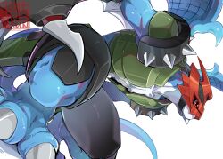 Rule 34 | armor, artist logo, blue skin, claws, colored skin, digimon, digimon (creature), dragon, eye mask, highres, paildramon, red eyes, shoulder spikes, spikes, tail, wings, youzaiyouzai112