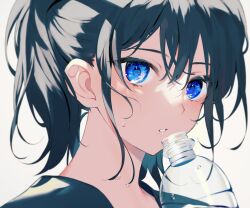 Rule 34 | 1girl, achiki, black hair, blue eyes, blush, bottle, commentary, crossed bangs, flying sweatdrops, hair between eyes, holding, holding bottle, looking at viewer, medium hair, original, parted lips, ponytail, portrait, sidelocks, simple background, solo, symbol-only commentary, upper body, white background