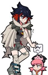 Rule 34 | &gt;:(, 2girls, angry, animal, animal on head, anklet, belt, black hair, breasts, cape, cosplay, creatures (company), crossover, dated, flipped hair, frown, game freak, gem, gen 2 pokemon, hair ornament, hairclip, highres, jakuzure nonon, jewelry, kill la kill, light smile, looking at another, looking at viewer, margarita taichou, margaritataichou, matoi ryuuko, miltank, multicolored hair, multiple girls, nintendo, on head, outline, pink eyes, pink hair, pixelated, pokemon, pokemon (creature), pokemon on head, red hair, resolution mismatch, sandals, senketsu, short hair, short twintails, shorts, sidelocks, signature, small breasts, smile, source larger, spiked hair, standing, thighhighs, torn cape, torn clothes, transparent background, twintails, two-tone hair, v-shaped eyebrows, white background, whitney (pokemon), whitney (pokemon) (cosplay), zettai ryouiki, zinnia (pokemon), zinnia (pokemon) (cosplay)