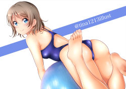 Rule 34 | 1girl, absurdres, artist name, ass, bad id, bad pixiv id, barefoot, blue eyes, blue one-piece swimsuit, blush, breasts, brown hair, competition school swimsuit, highres, looking at viewer, looking back, love live!, love live! sunshine!!, medium hair, one-piece swimsuit, parted bangs, school swimsuit, simple background, small breasts, smile, solo, swept bangs, swimsuit, thighs, tina1213, toenails, toes, watanabe you, white background