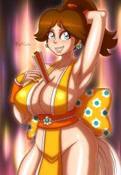 Rule 34 | 1girl, alternate breast size, alternate hairstyle, arm behind head, armpits, artist name, beg4cake, blue eyes, breasts, brown hair, cleavage, cosplay, fatal fury, hand on own chest, highres, huge breasts, large breasts, mario (series), nintendo, no bra, no panties, pelvic curtain, ponytail, princess, princess daisy, shiranui mai, snk, solo, the king of fighters, thick thighs, thighhighs, thighs