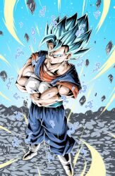 Rule 34 | 1boy, blue background, blue eyes, blue hair, boots, commentary request, crossed arms, dragon ball, dragon ball super, earrings, frown, furrowed brow, gloves, gradient background, highres, jewelry, male focus, muscular, muscular male, potara earrings, rock, serious, solo, super saiyan, super saiyan blue, vegetto, white footwear, white gloves, youngjijii