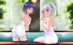 Rule 34 | 2girls, :o, arm up, blush, closed mouth, commentary request, day, green eyes, hair up, higuchi kaede, indoors, leaning forward, looking at viewer, looking back, mole, mole under eye, multiple girls, naked towel, nijisanji, onsen, parted lips, pool, purple eyes, purple hair, shirihime, shizuka rin, short hair, shoulder blades, silver hair, sitting, smile, standing, towel, tree, virtual youtuber, wading, water, window