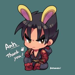 Rule 34 | 1boy, angry, belt, black eyes, black hair, black jacket, black pants, bright pupils, bunny hood (zelda), chibi, closed mouth, commentary, commissioner name, english commentary, frown, full body, gloves, grey background, hood, hood down, jacket, kazama jin, kotorai, looking at viewer, male focus, no nose, pants, red belt, red gloves, short hair, signature, simple background, solo, studded gloves, tekken, thank you, v-shaped eyebrows, white pupils