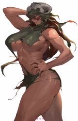 Rule 34 | 1girl, abs, absurdres, animal skull, arm behind head, artist name, ass, bare arms, bare shoulders, bleach, breasts, cleavage, closed eyes, dress, facial mark, green dress, green hair, hair between eyes, hand on own hip, highres, ibuo (ibukht1015), large breasts, long hair, nelliel tu odelschwanck, parted lips, skull on head, solo, stomach, thick thighs, thighs, toned, torn clothes, torn dress, underboob, white background