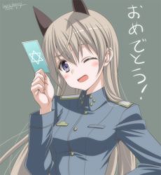 Rule 34 | 1girl, animal ears, blue eyes, blush, dated, eila ilmatar juutilainen, long hair, military, military uniform, one eye closed, purple eyes, signature, silver hair, simple background, smile, solo, strike witches, tarot, translated, umyonge (lkakeu), uniform, wink, world witches series