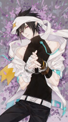 1boy aotu_world bare_shoulders belt black_hair cuffs fingerless_gloves flower gloves handcuffs headband jacket looking_at_viewer lying male_focus on_back own_hands_together pants pointy_ears purple_eyes ray_(aotu_world) reloon shirt sleeveless solo white_gloves