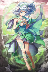 Rule 34 | 1girl, aura, barefoot, blue eyes, blue hair, bow, breasts, castle, closed mouth, cloud, commentary request, dagger, dress, dress bow, full body, green dress, green hairband, hair bow, hairband, holding, holding dagger, holding knife, holding weapon, jewelry, knife, leg tattoo, light blue hair, long hair, looking at viewer, medium breasts, natsuya (kuttuki), necklace, pink sky, rock, sky, solo, strapless, strapless dress, tattoo, venus blade, weapon, white bow, wrist cuffs