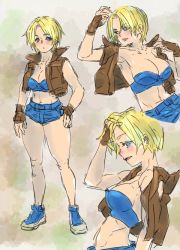 Rule 34 | 1girl, armpits, blonde hair, blue eyes, blush, breasts, capcom, cleavage, denim, final fight, final fight 3, fingerless gloves, gloves, goosuka, hand on own hip, jeans, large breasts, legs, lucia morgan, midriff, multiple views, navel, pants, shoes, short hair, short shorts, shorts, sneakers, strapless, street fighter, street fighter v, thick thighs, thighs, tube top, vest