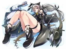 Rule 34 | 1girl, arknights, bare legs, bare shoulders, black footwear, black gloves, boots, cannon, commentary request, detached sleeves, expressionless, full body, gloves, grey jacket, head tilt, highres, jacket, knees together feet apart, leaf (arknights), long hair, long sleeves, looking at viewer, low-tied long hair, minowa sukyaru, red eyes, sidelocks, silver hair, solo, standing, tail, thigh strap, thighs, very long hair, weapon, weapon on back, weedy (arknights), white background